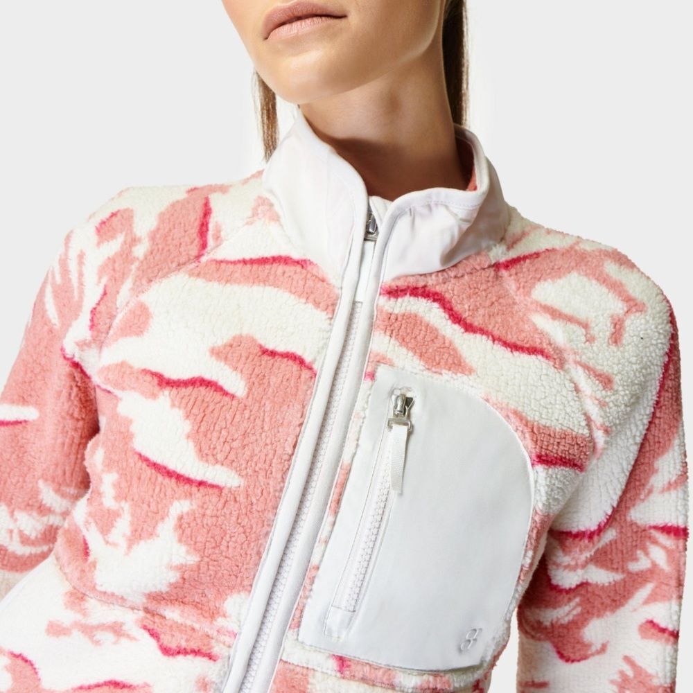 Sweaty Betty Sherpa Fleece Sz S Pink Camouflage Pennine Zip Up Jacket NWT